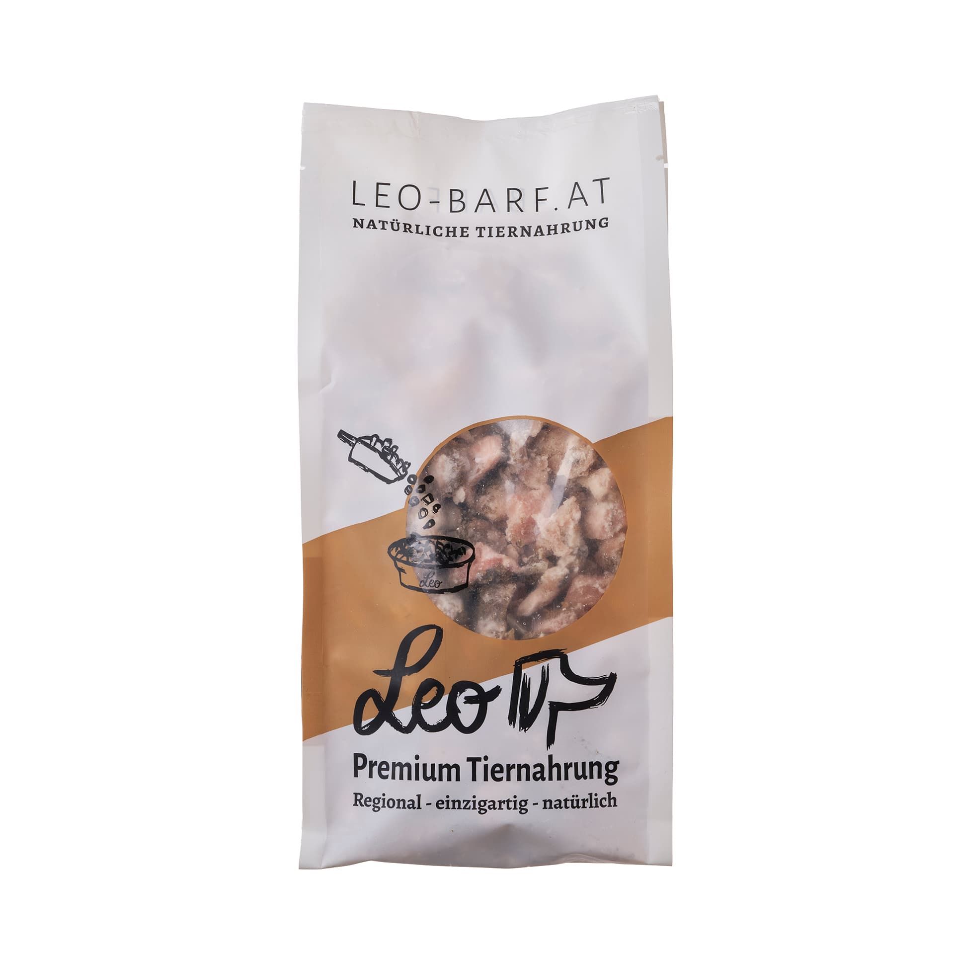 Weiße Tüte mit braunem Aufdruck für Leo Barf Premium Tiernahrung. Zeigt eine Schüssel mit Futter und eine Schaufel.