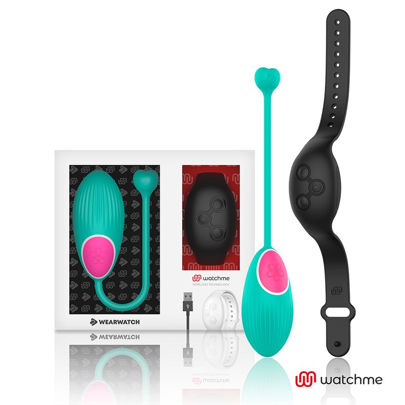 Wearwatch Vibro-Ei und Armband-Controller in Türkis und Schwarz, mit Ladekabel und Verpackung.