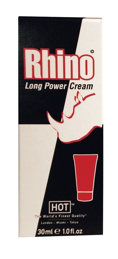 Produktverpackung mit Logo und Produktnamen. Enthält den Schriftzug "Rhino Long Power Cream".