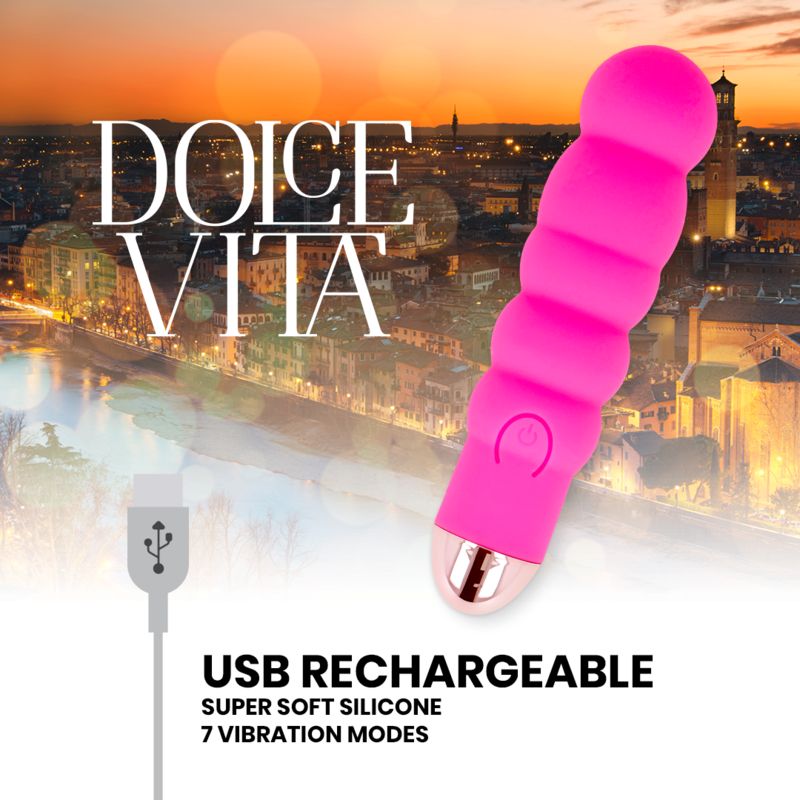 Pinkfarbener Silikon-Vibrator mit 7 Vibrationsmodi. USB-Ladekabel. Marke Dolce Vita.