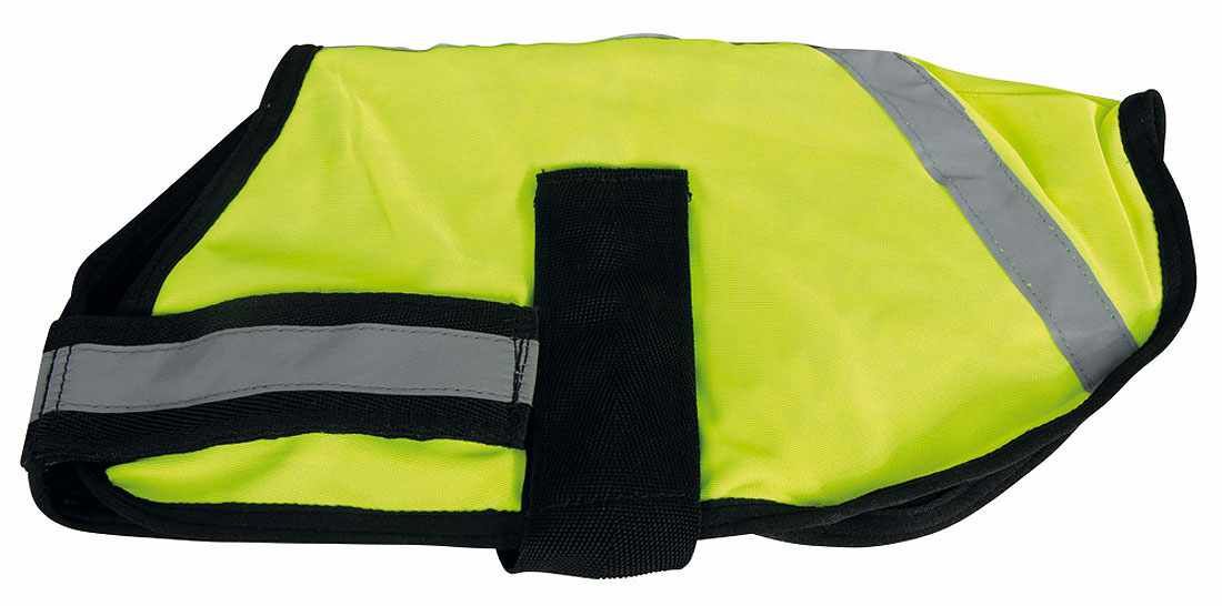 Gelbe Hundejacke mit schwarzen Rändern und Reflektoren. Klettverschluss am Bauch. Rückansicht.