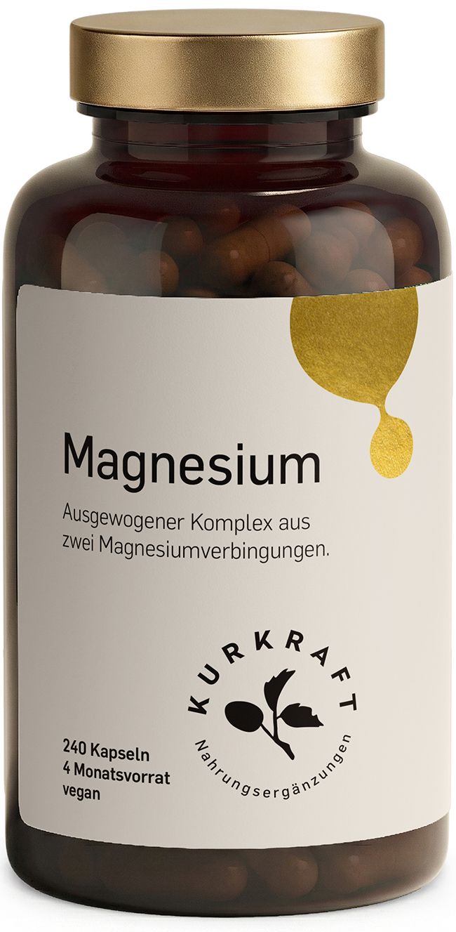 Braune Flasche mit goldfarbenem Deckel. Aufschrift: Magnesium, 240 Kapseln, 4 Monatsvorrat, vegan. Logo Kurkraft.