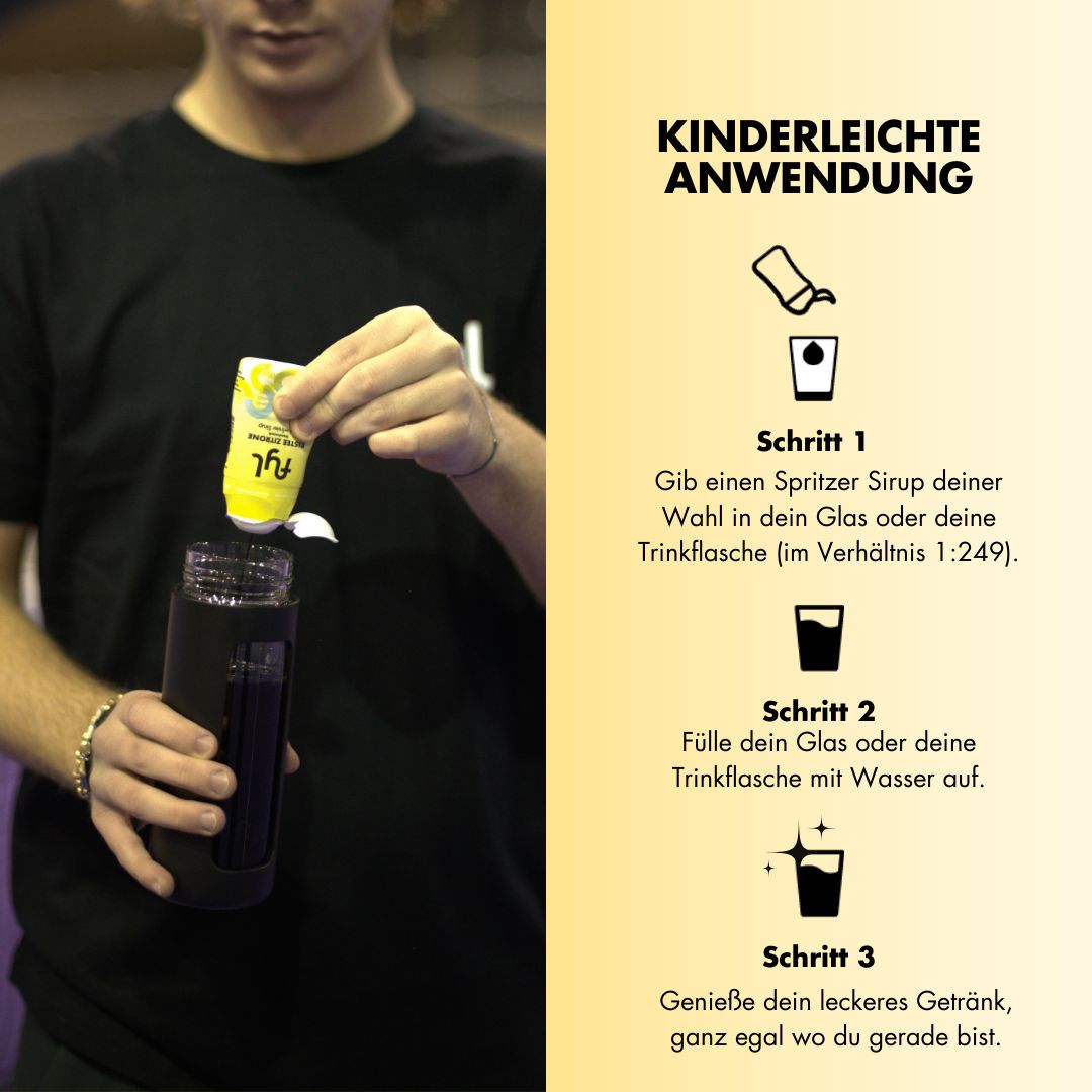Person gießt fyl Eistee Mango Sirup in eine Flasche. Schritt-für-Schritt-Anleitung zur Zubereitung.