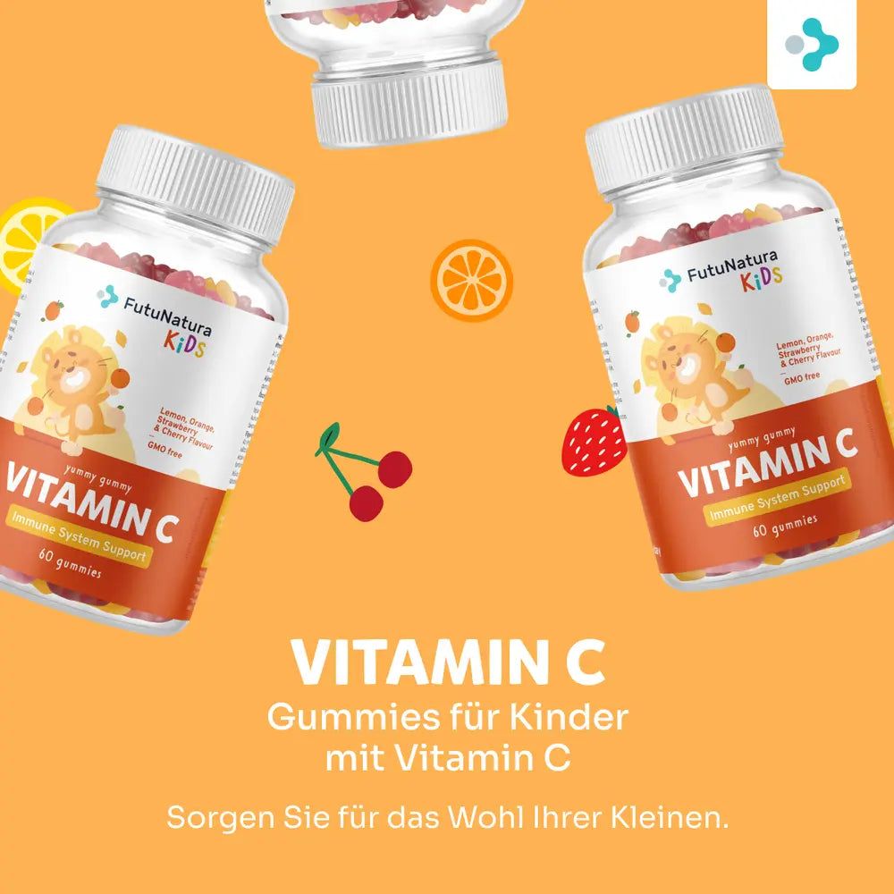 Kind hält Orangenscheiben vor die Augen. FutuNatura Vitamin C Gummibärchen für Kinder.