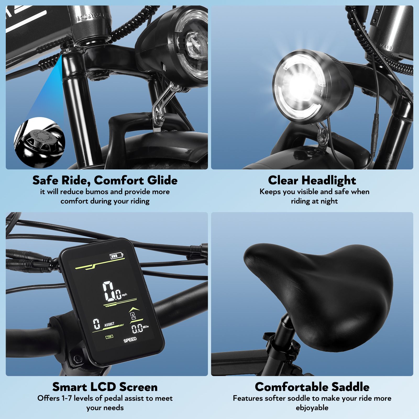 Nahaufnahmen von OOK-TEK E20 Fahrradkomponenten: Scheinwerfer, LCD-Bildschirm, Sattel.