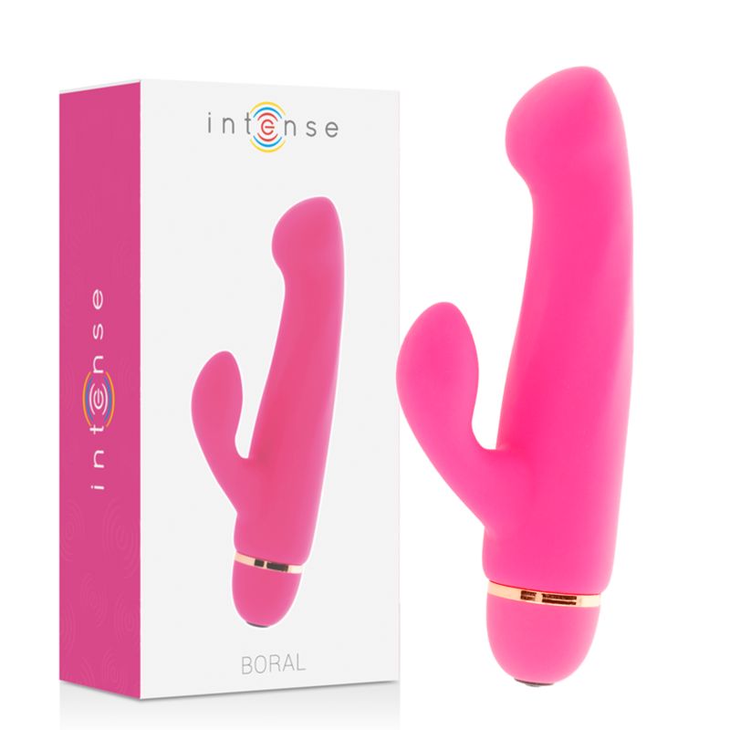 Pinkfarbener Vibrator neben Verpackung. Verpackung mit Produktabbildung und Schriftzug Intense Boral.