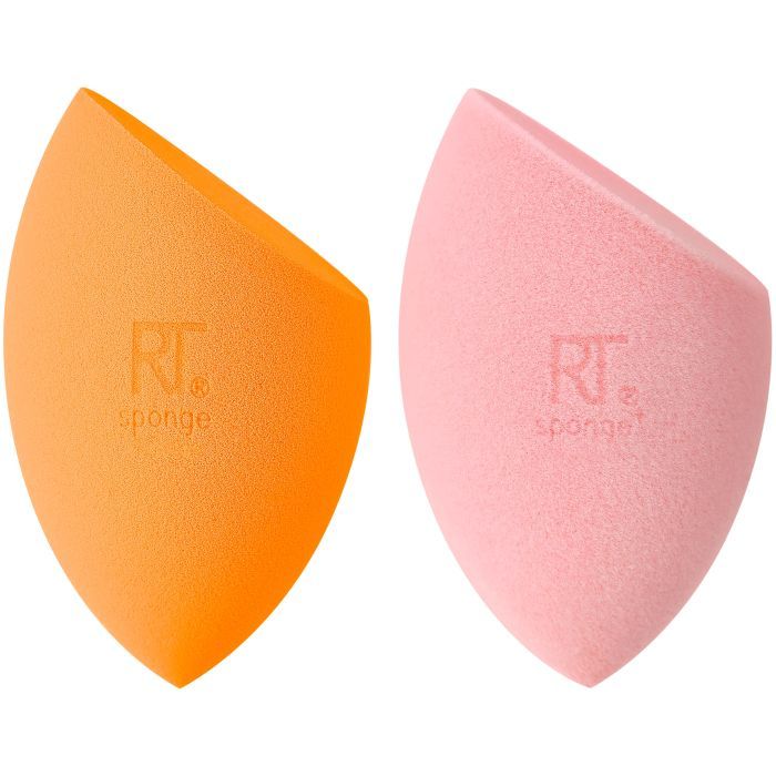 Zwei Make-up-Schwämme. Einer orange, einer rosa. Beide mit abgeschrägter Seite und RT-Logo.