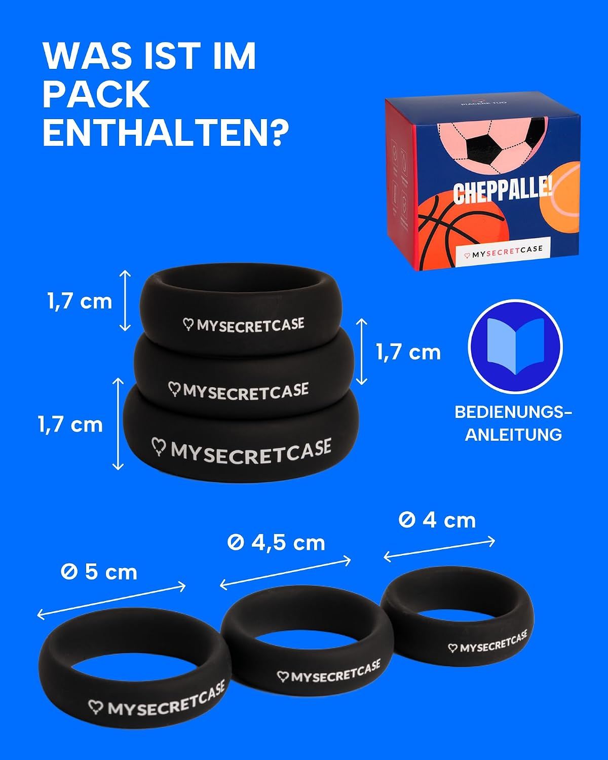 Drei schwarze Penisringe aus Silikon, gestapelt, mit weißem Logo "MYSECRETCAS E".