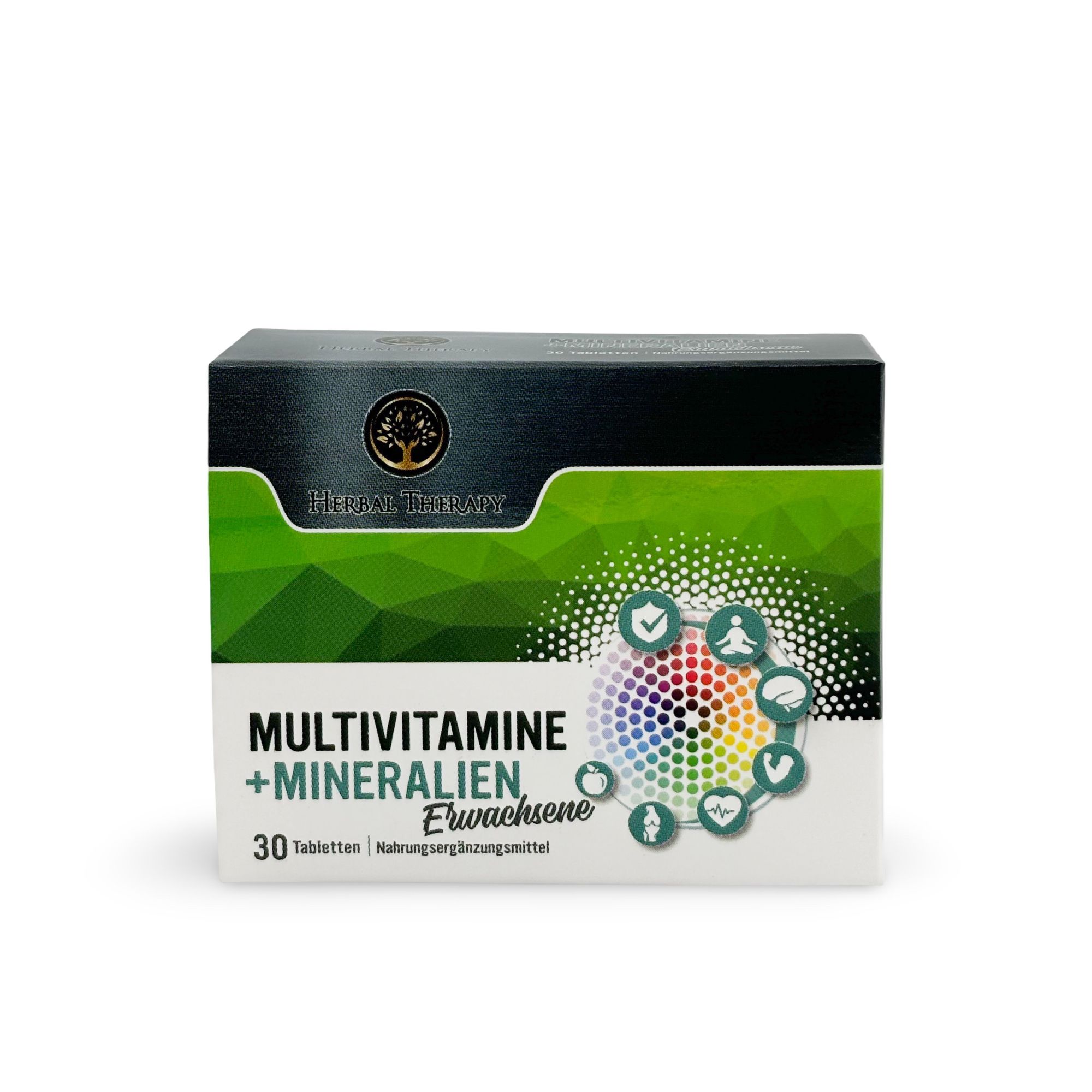 Schachtel mit "Herbal Therapy MULTIVITAMINE + MINERALIEN für Erwachsene". Grün-weißes Design, 30 Tabletten. Logo und Produktbezeichnung.