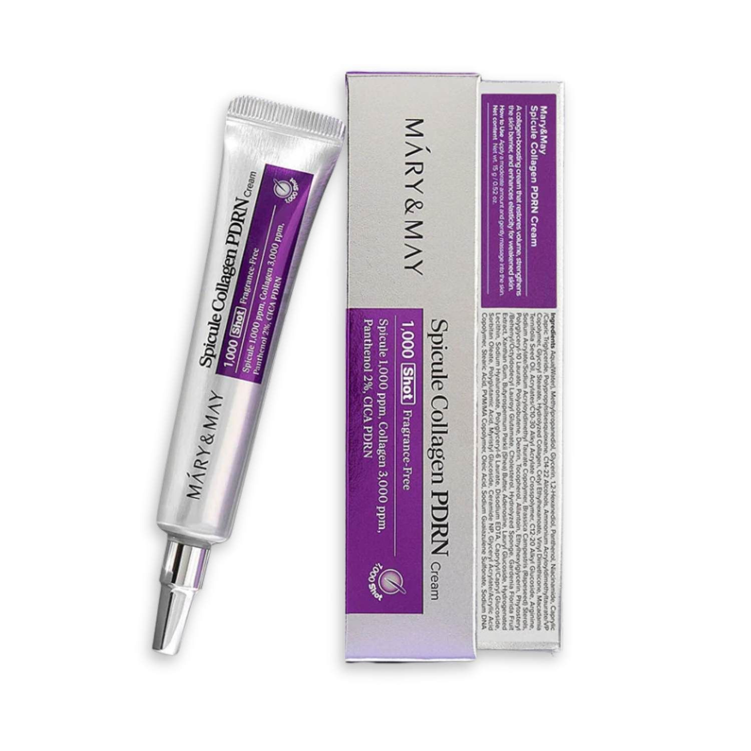 Mary&May Spicule Collagen PDRN Cream Tube und Kartonverpackung.