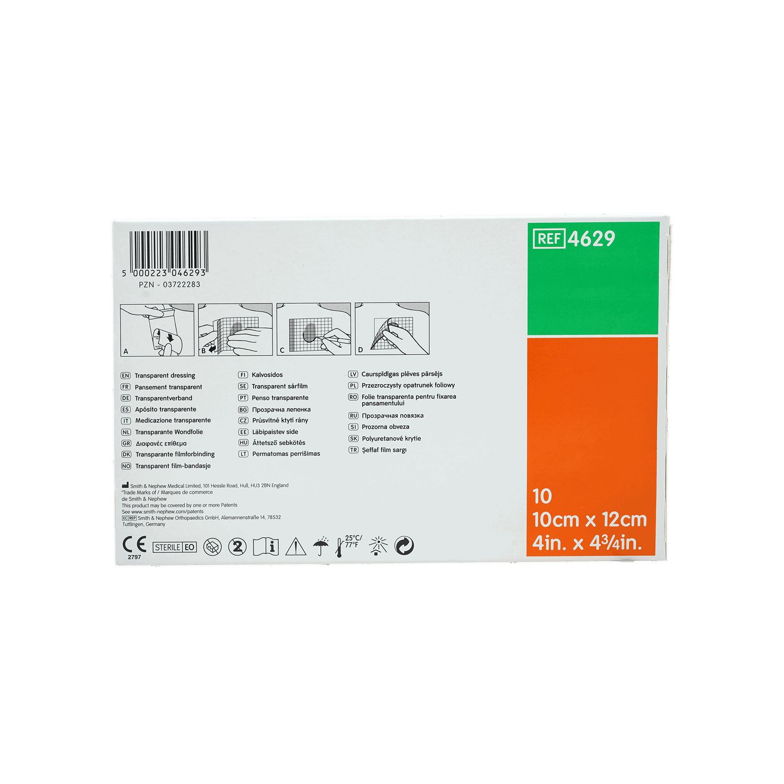 Rückseite der OPSITE FLEXIGRID Verpackung. Grün-orangefarbene Ecke mit Größenangabe. Piktogramme und Gebrauchsanweisung.