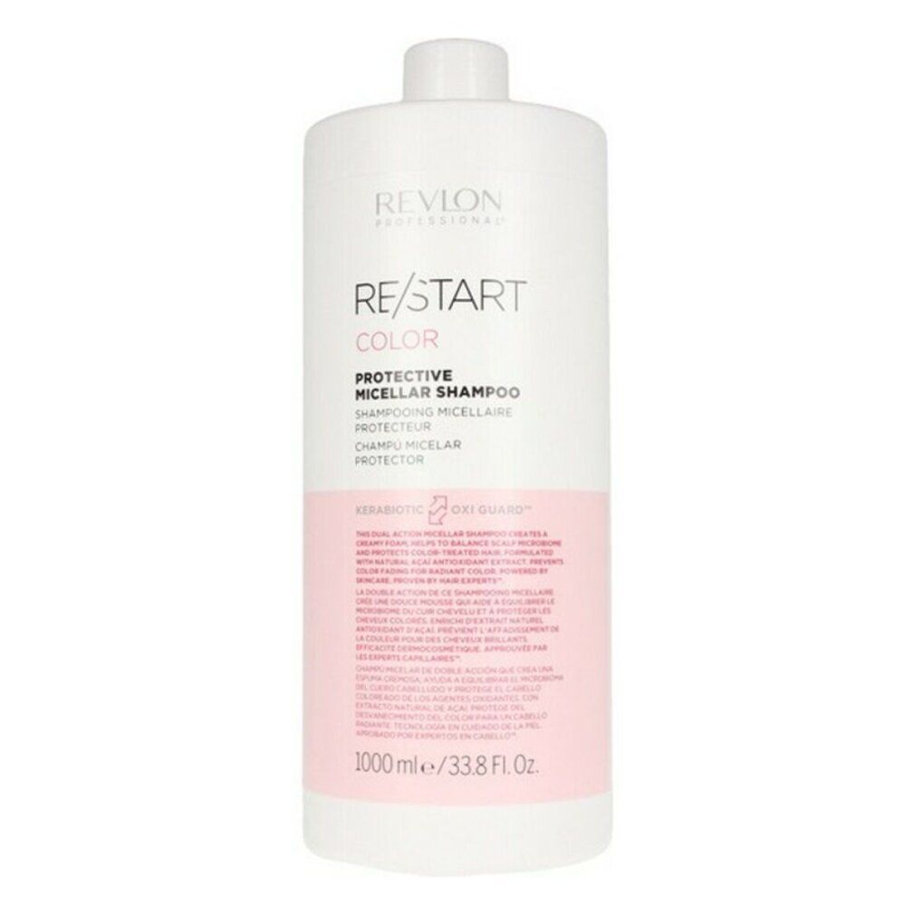 Weißer Shampoo-Behälter mit rosa Etikett. Aufschrift: Revlon Re/Start Color Protective Micellar Shampoo. 1000ml/33.8 fl oz.