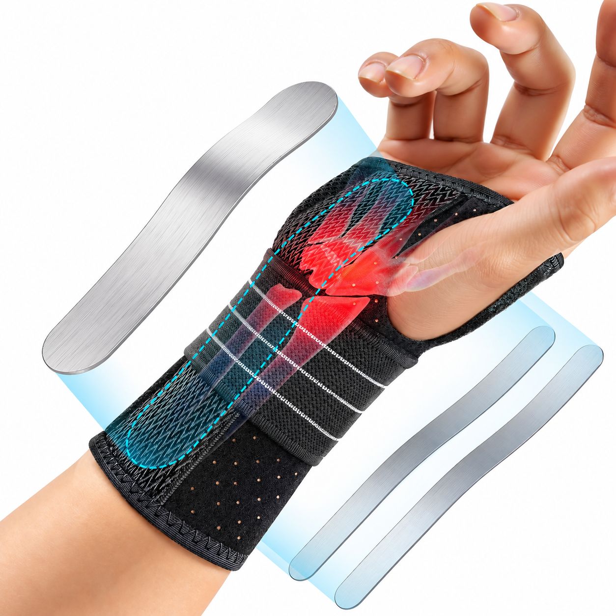 Handgelenkbandage mit herausnehmbaren Stützschienen zur Stabilisierung.
