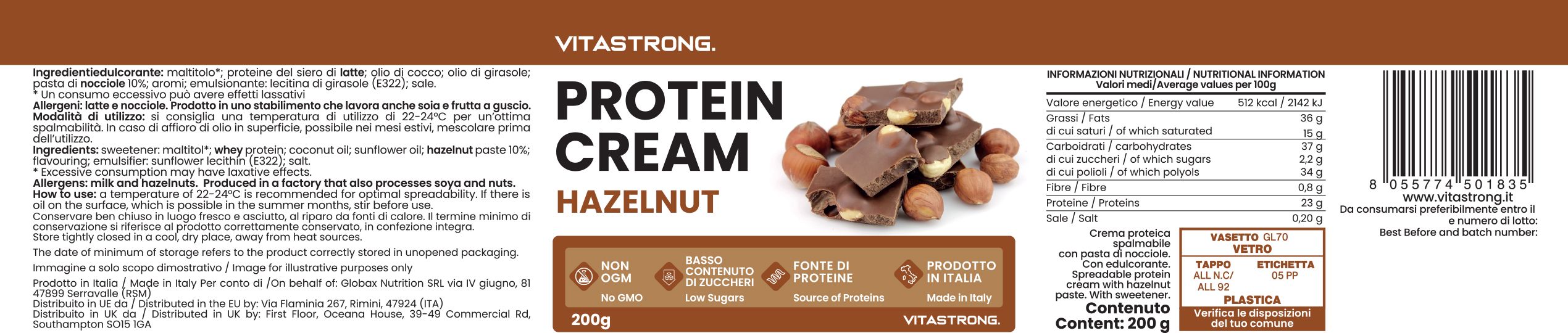 Etikett der Vitastrong Haselnuss-Proteincreme. Text: Protein Cream Hazelnut, Nährwertangaben, Barcode, Logos.