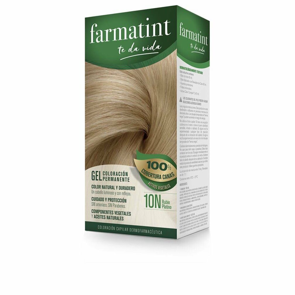 Schachtel mit Haarfärbemittel. Aufschrift: Farmatint, 10N Biondo Platino. Abbildung: blonde Haare.
