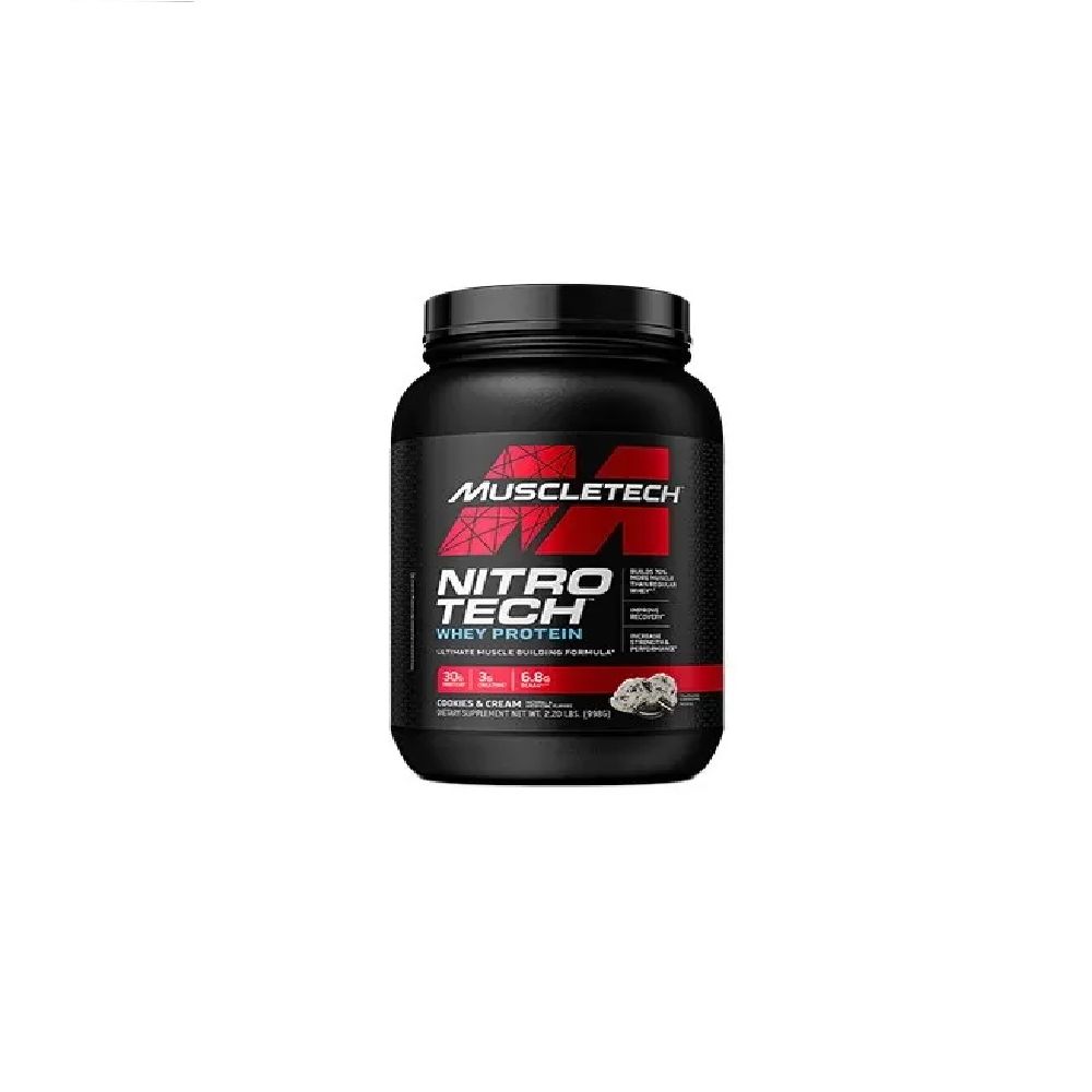 Schwarze Dose mit rotem und weißem Aufdruck. Aufschrift: MuscleTech Nitro-Tech Whey Protein. Geschmack: Cookies & Cream.