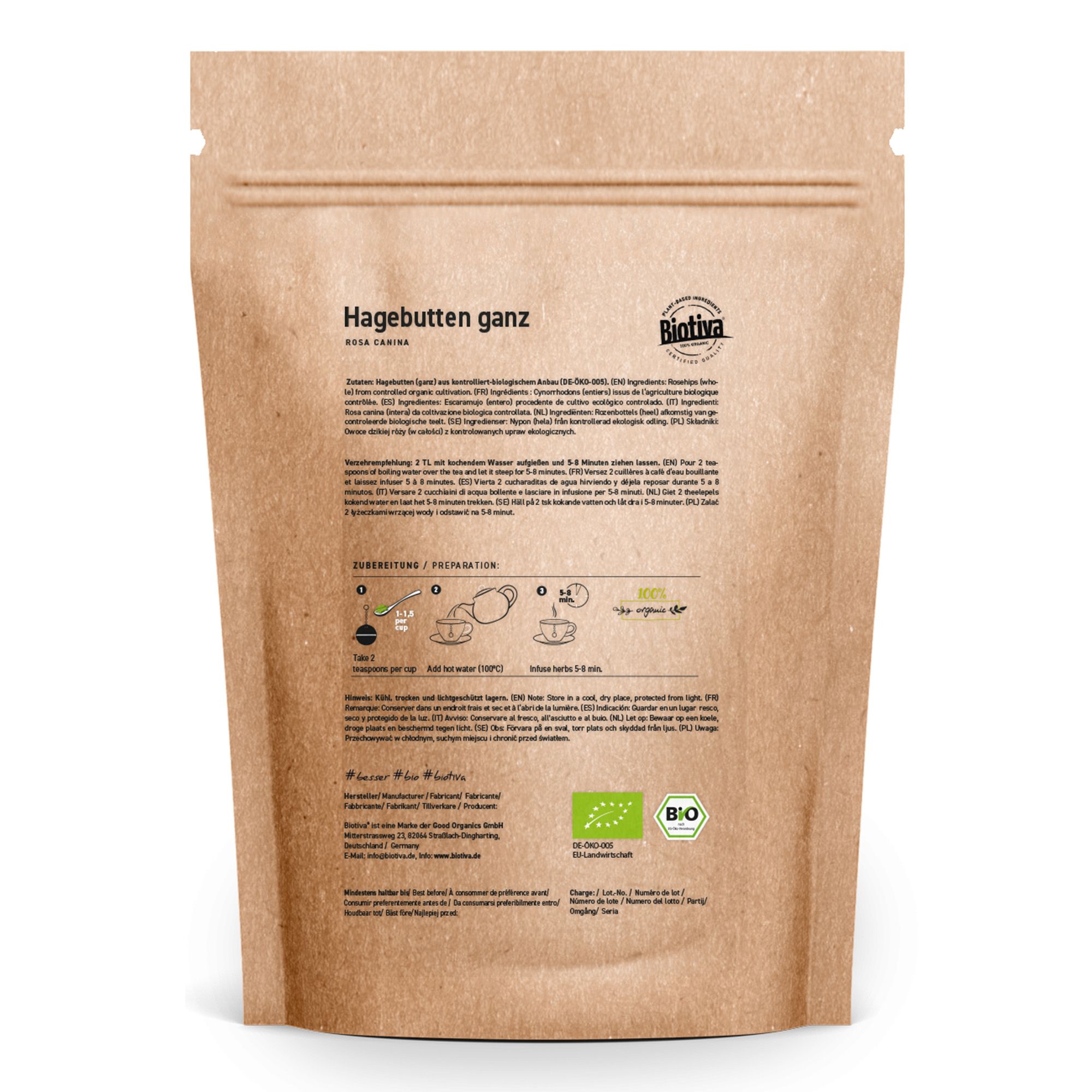 Rückseite des Hagebutten-Beutels mit Produktinformationen, Zubereitungshinweisen und Bio-Siegel.