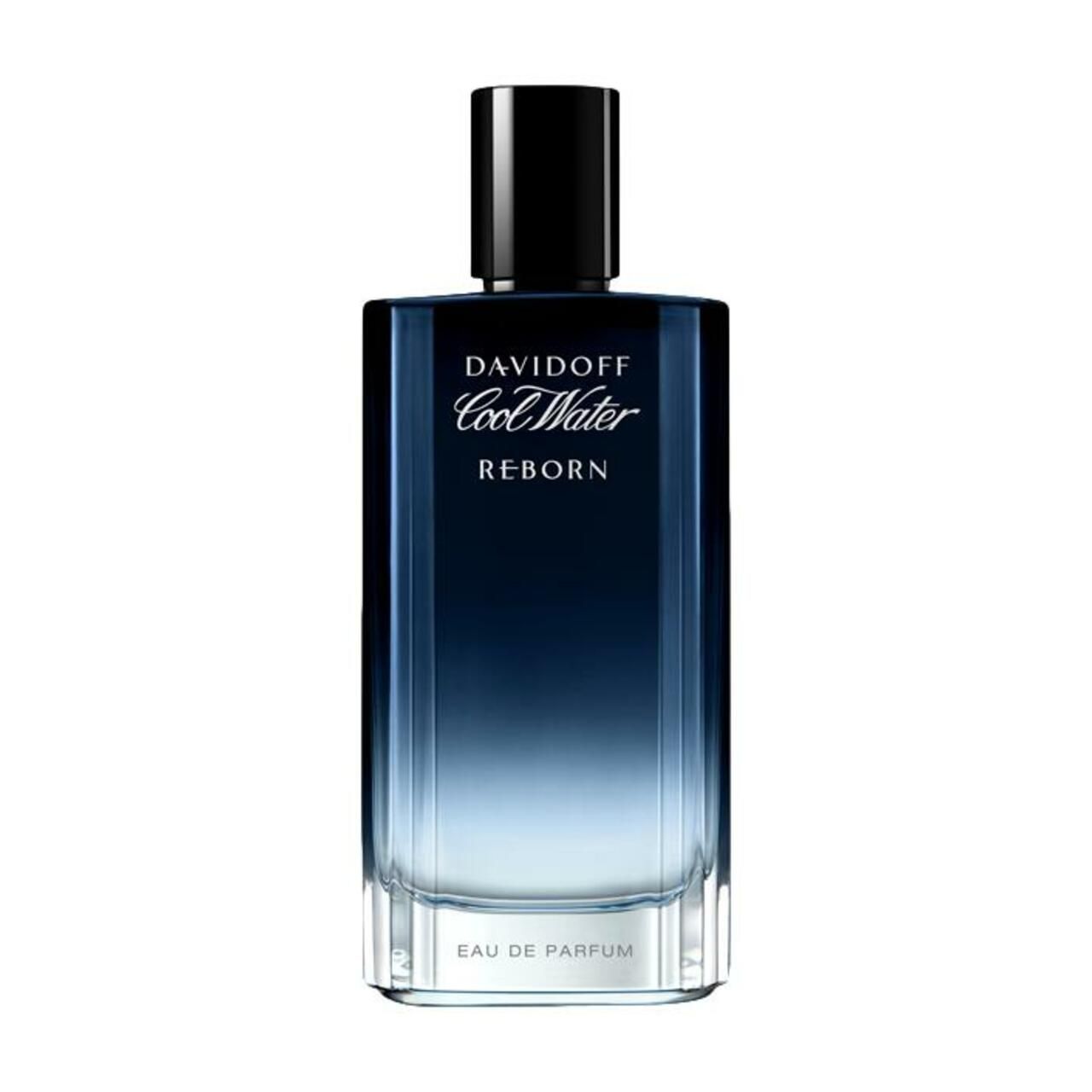 Davidoff Cool Water Reborn Flakon. Rechteckige Form, Farbverlauf von Blau nach transparent. Schwarzer Verschluss. Aufschrift.