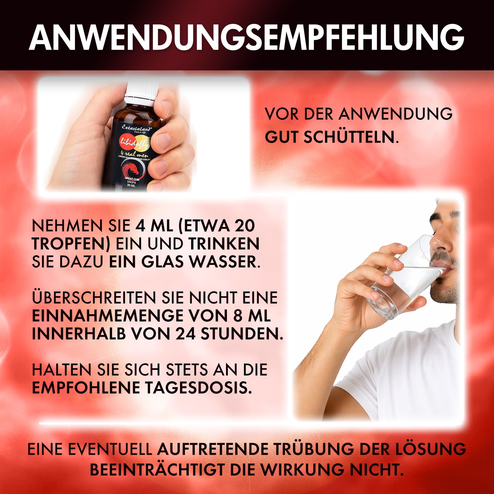 Anwendungsempfehlung. Mann trinkt Wasser. Flasche Libidofly®. Text: 4 ml (etwa 20 Tropfen) einnehmen.
