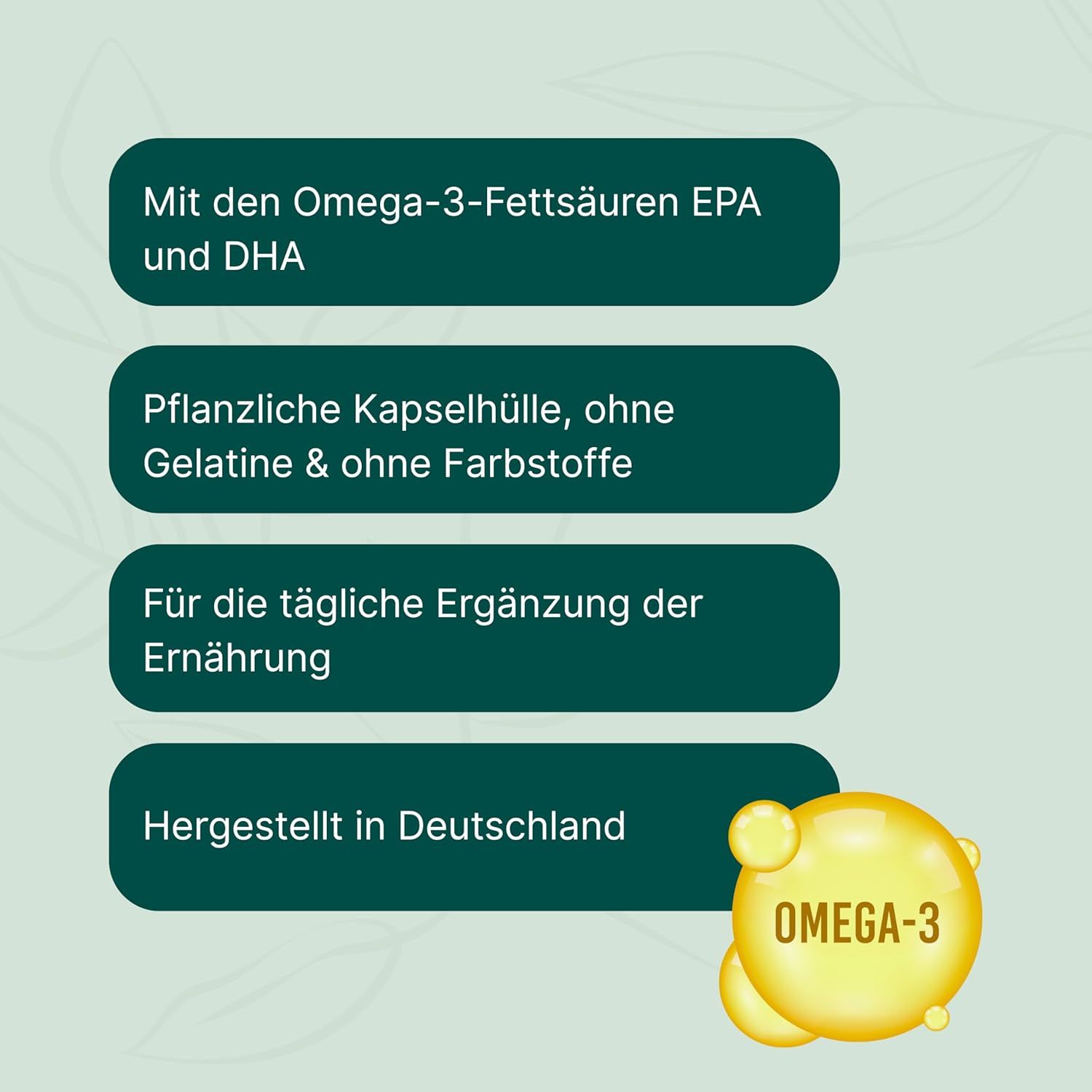 Grafik mit Text: Omega-3-Fettsäuren, pflanzliche Kapselhülle, ohne Gelatine & Farbstoffe, hergestellt in Deutschland. Gelbe Omega-3-Kapseln.