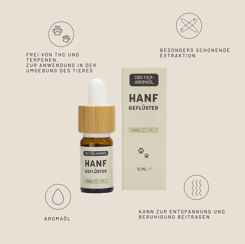 Braune Glasflasche mit Bambusdeckel und Karton. Aufschrift HANFGEFLÜSTER, CBD Aromaöl. 10ml Flasche.
