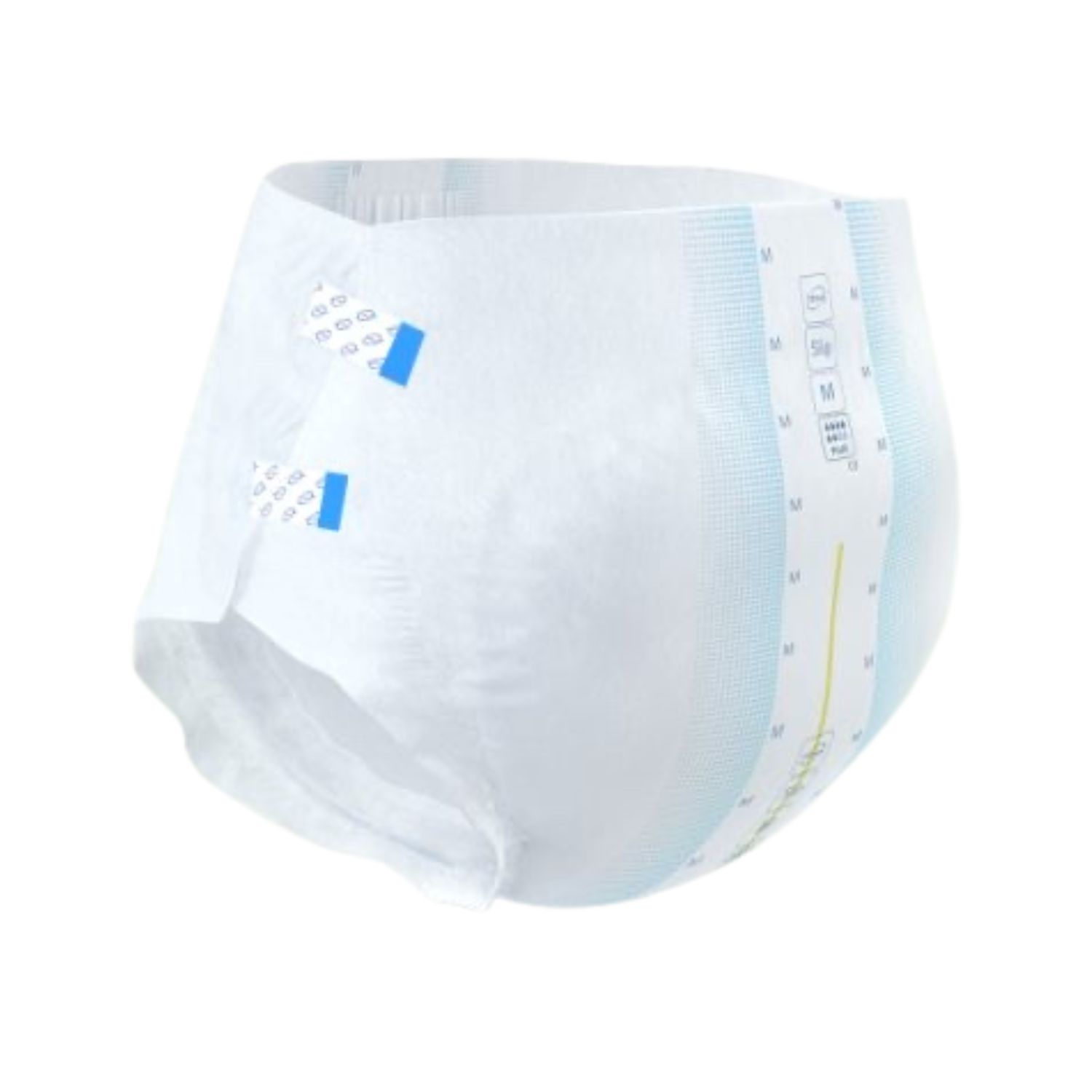 Weißer Inkontinenzslip mit blauen Verschlüssen und gelber Mittellinie. Größenangabe 'M' und blaue Streifen.