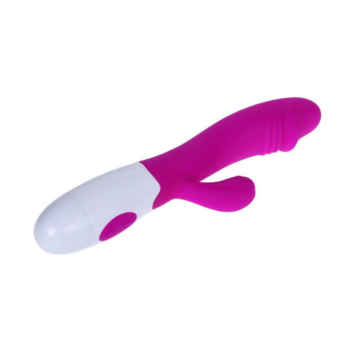 Lila-weißer Vibrator. Ergonomisches Design mit abgerundeter Spitze und seitlichem Element. Ein Knopf am weißen Griff.