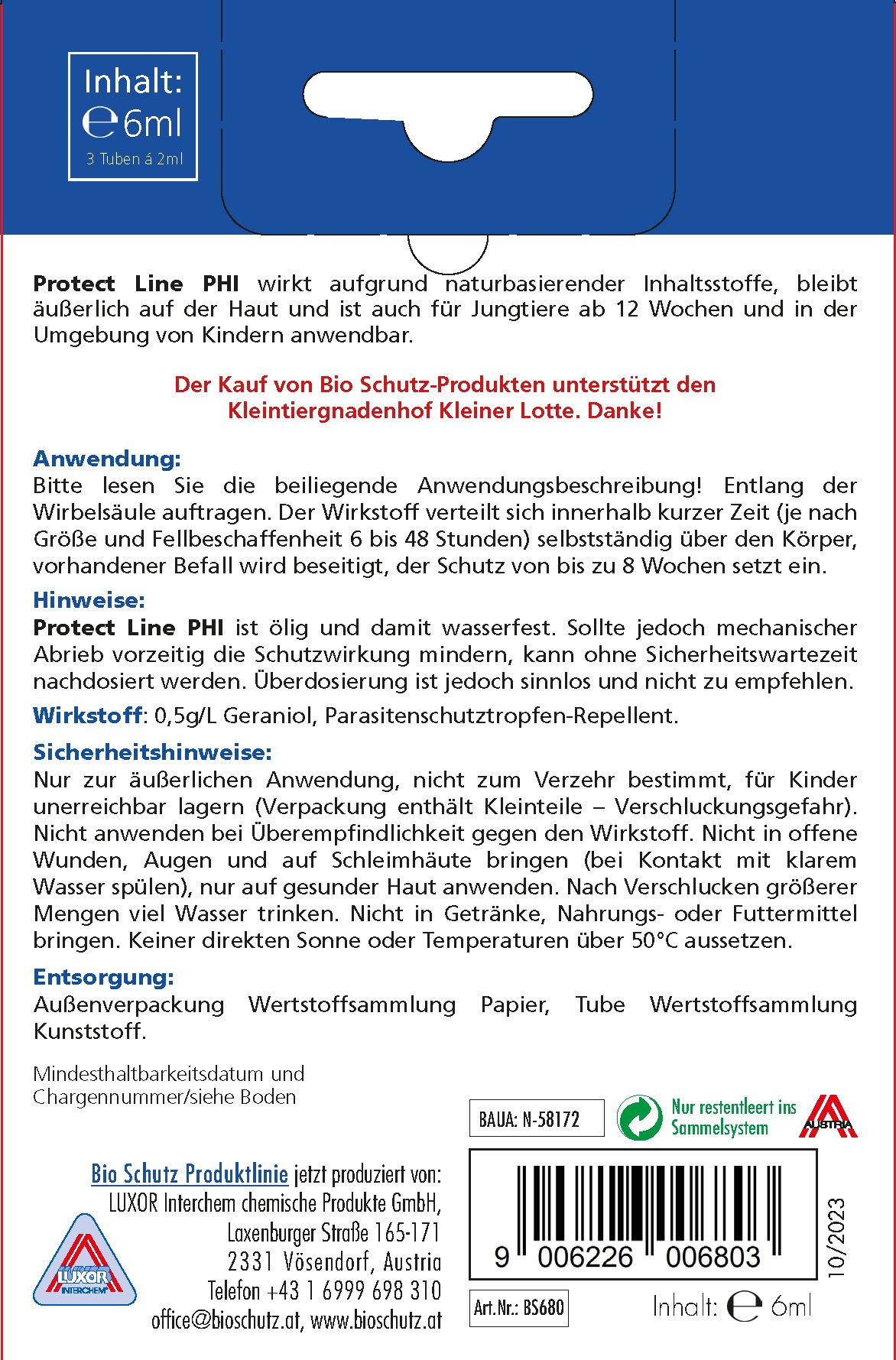 Rückseite der Verpackung mit Produktinformationen. Enthält Text über Inhaltsstoffe, Anwendung, Sicherheitshinweise und Entsorgung. Inhalt: 6ml.