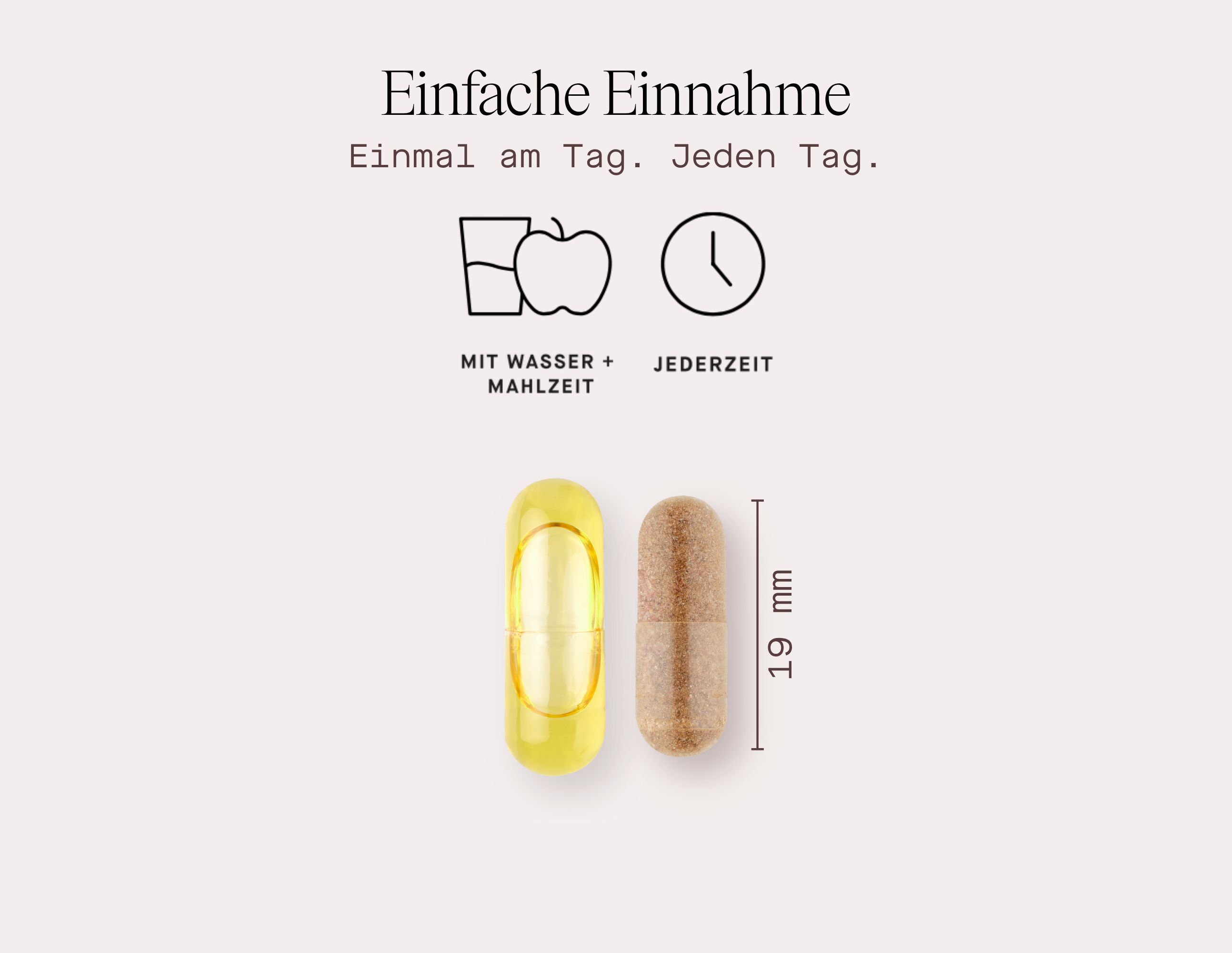 Grafik: Einnahme. Kapseln neben Apfel und Uhr. Text: Einmal am Tag. Mit Wasser + Mahlzeit. Jederzeit. Kapsel: 19 mm.