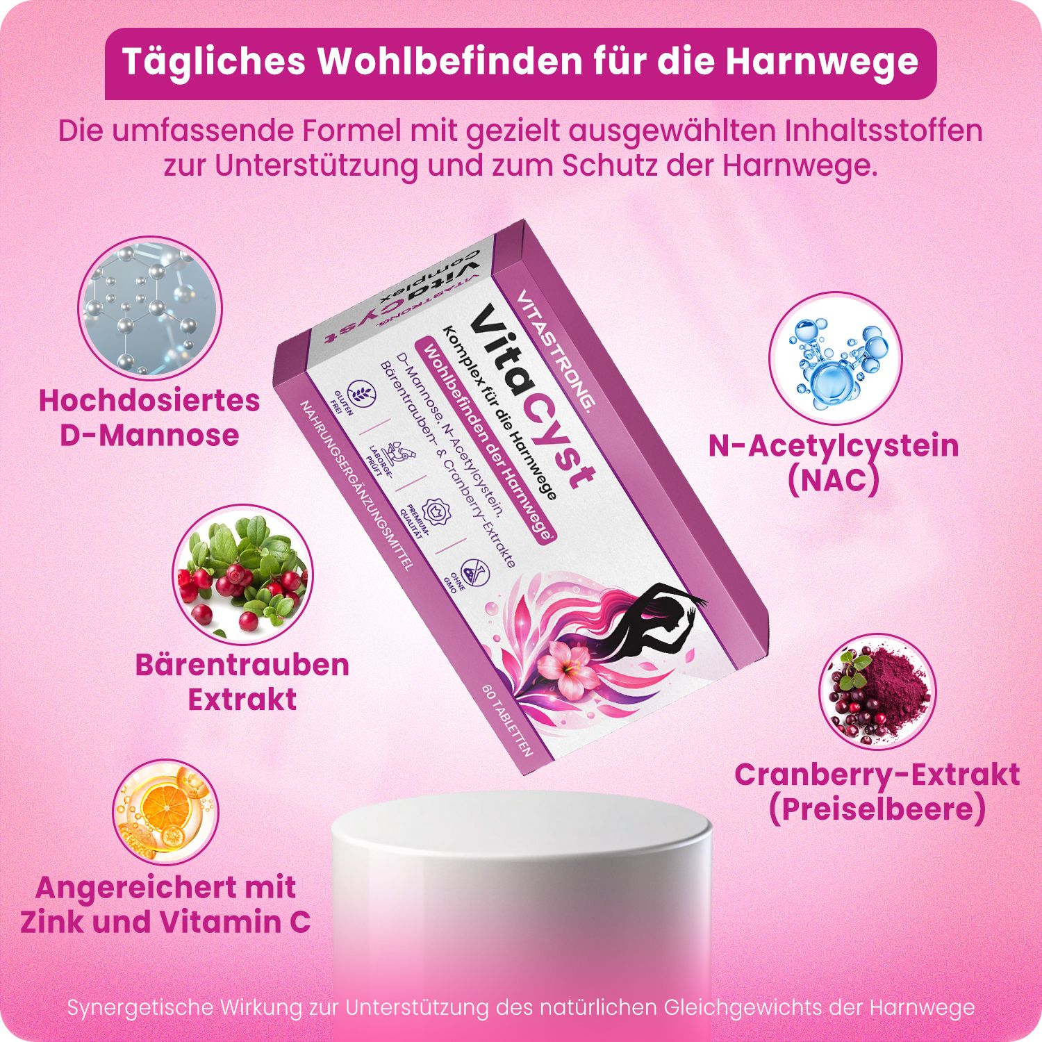 Vitastrong VitaCyst D-Mannose NAC Cranberry & Bärentrauben Tabletten für die Harnwege