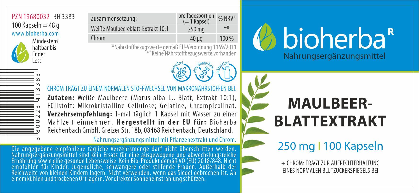 Etikett mit Produktinformationen. "Bioherba" Logo. "Maulbeerblattextrakt" und "100 Kapseln". Enthält Nährwertangaben und Inhaltsstoffe.