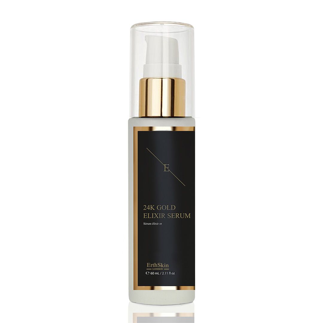 Serumflasche mit schwarzem Etikett und goldenen Akzenten. Aufschrift: 24K Gold Elixir Serum. Mit Pumpverschluss.