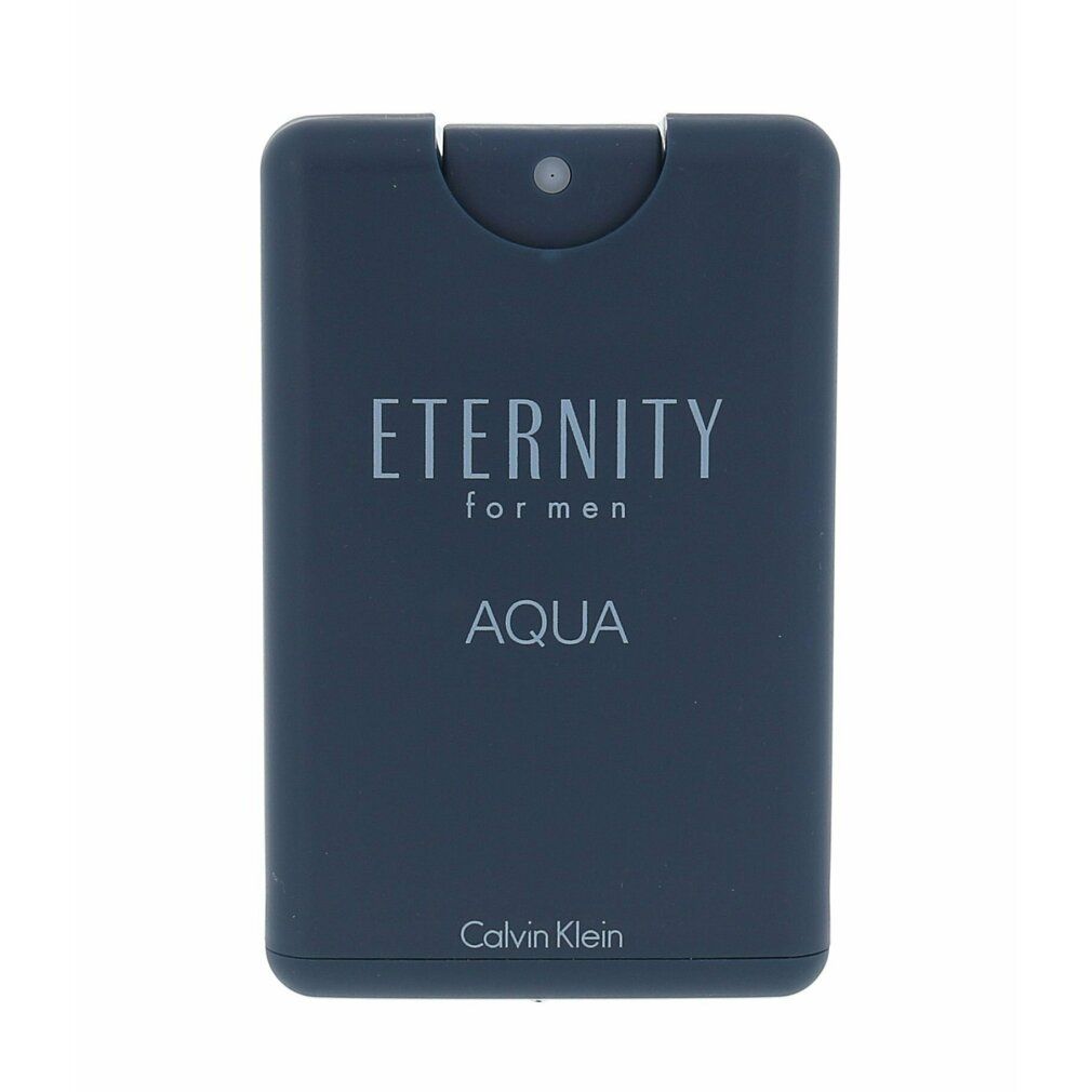 Blaues, rechteckiges Spray. Aufschrift: Eternity for men Aqua. Calvin Klein Logo unten.