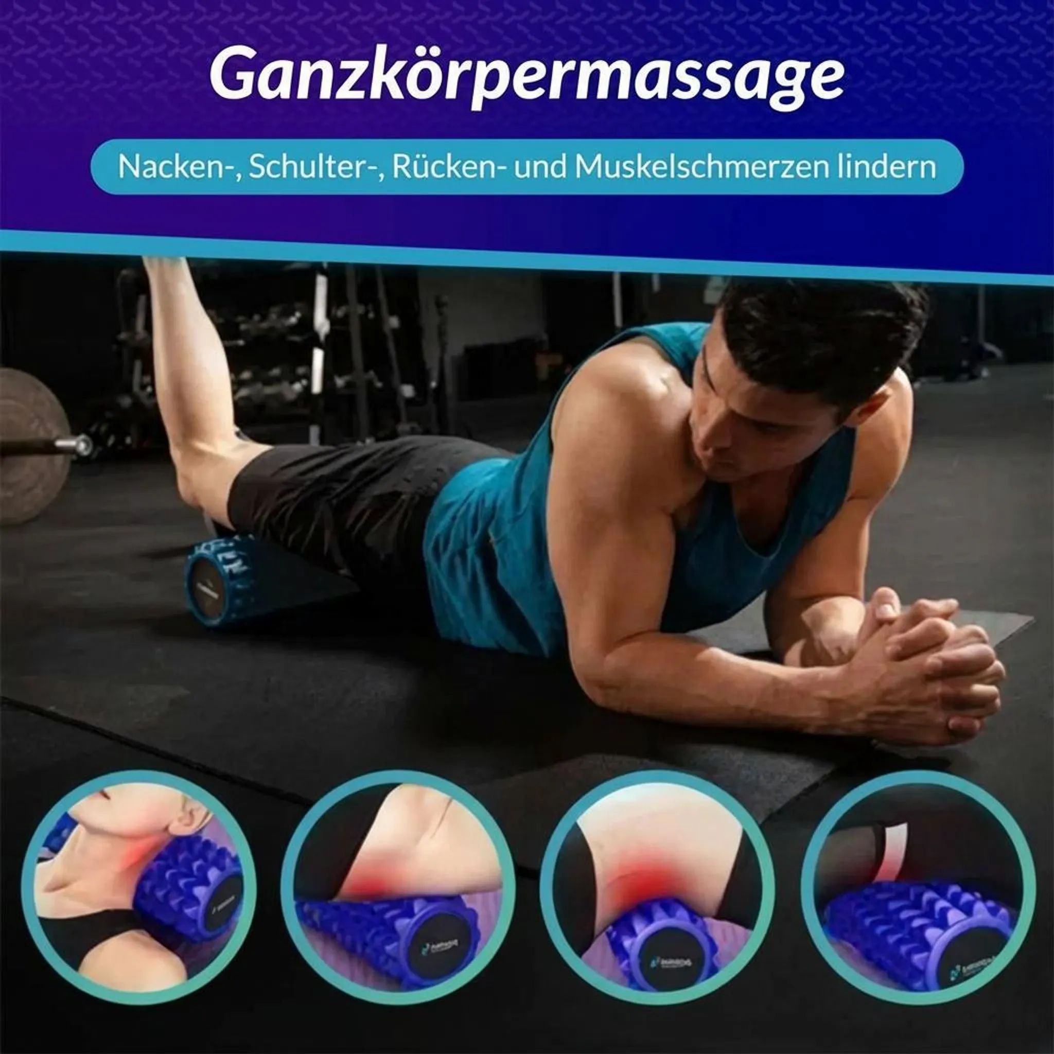 Mann nutzt blaue Faszienrolle für Ganzkörpermassage.