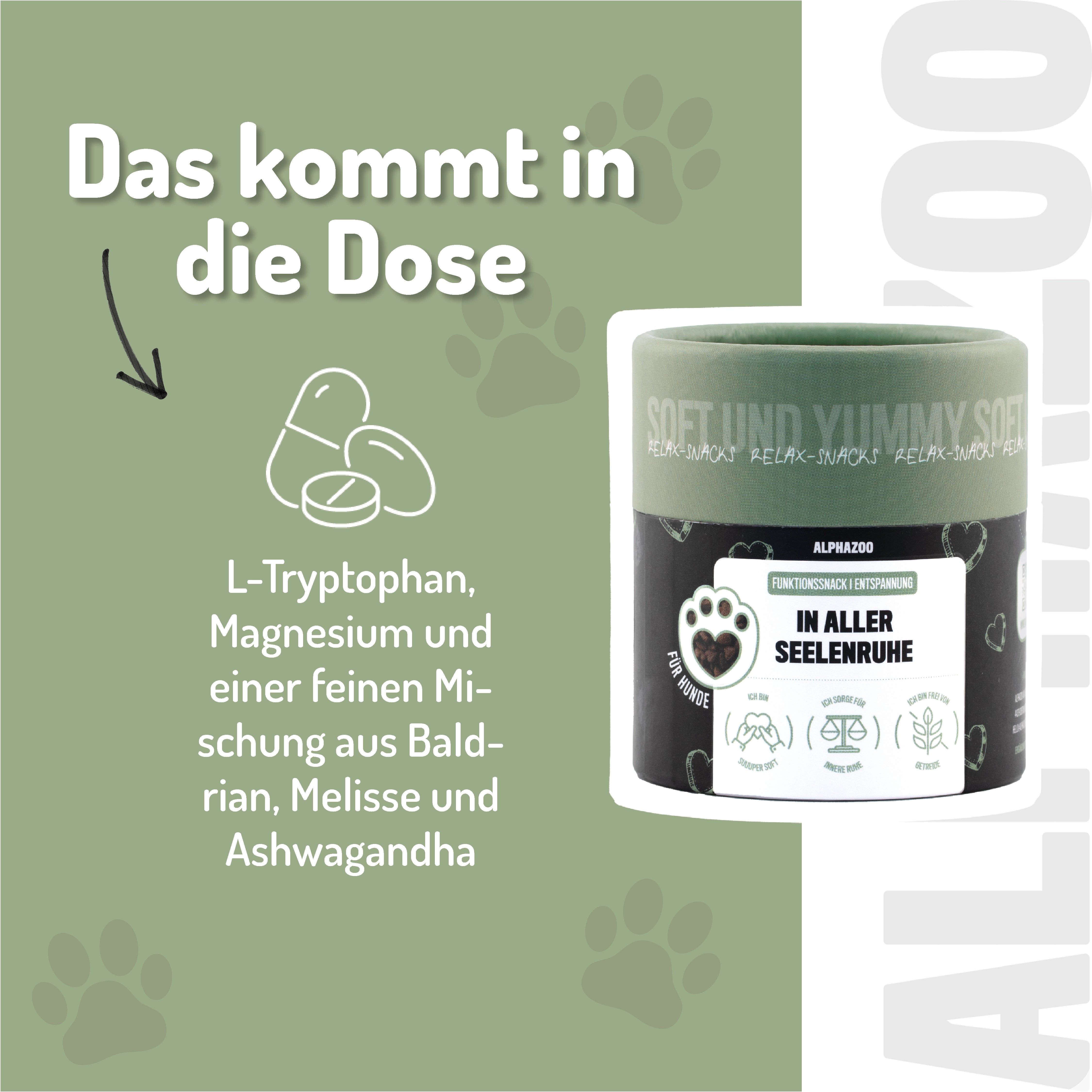 Produkt "In Aller Seelenruhe" mit Inhaltsstoffen: L-Tryptophan, Magnesium, Baldrian, Melisse, Ashwagandha.