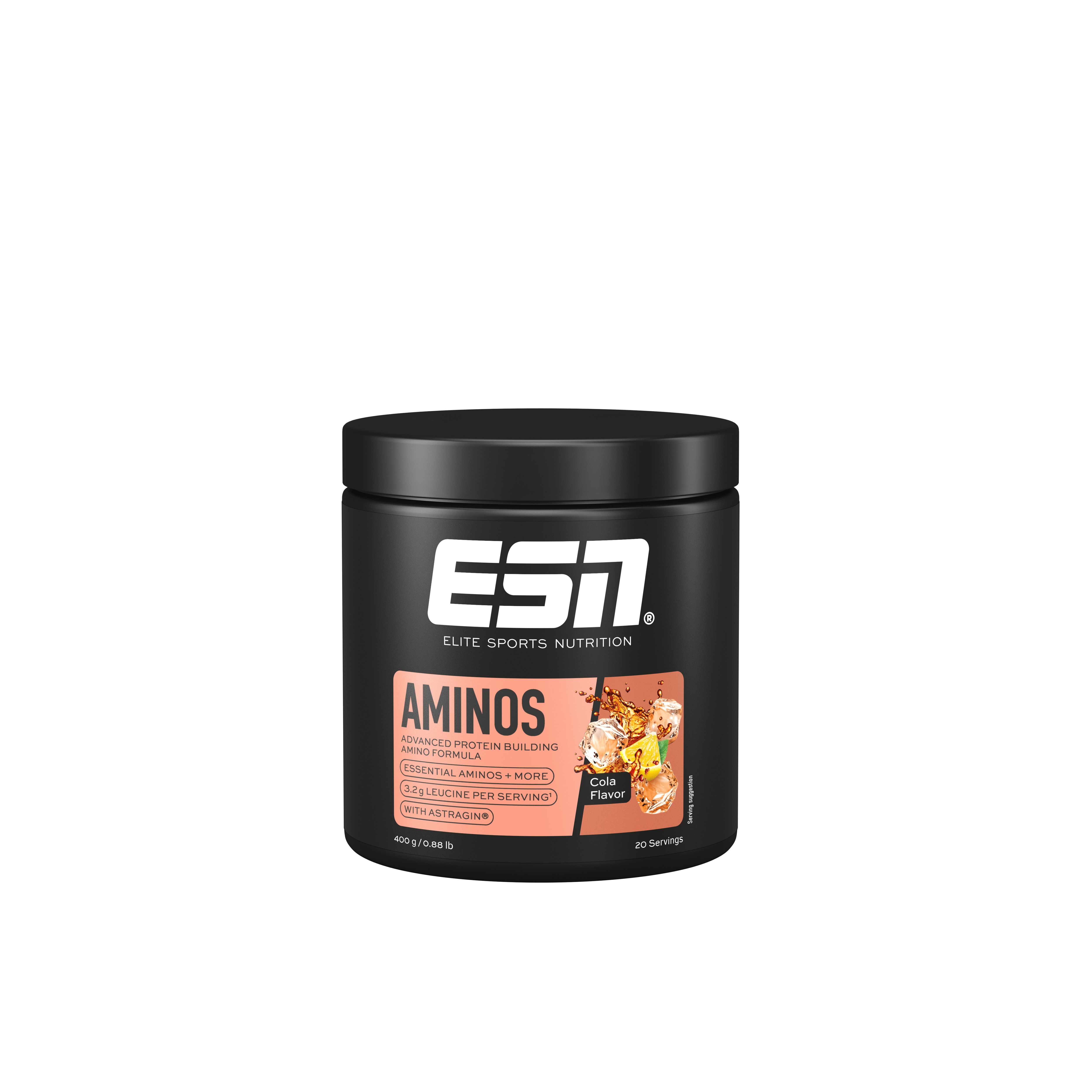 ESN Aminos EAA+ Dose. Schwarze Dose mit Etikett. Aufschrift: ESN, Aminos, Cola Flavor. 400g.