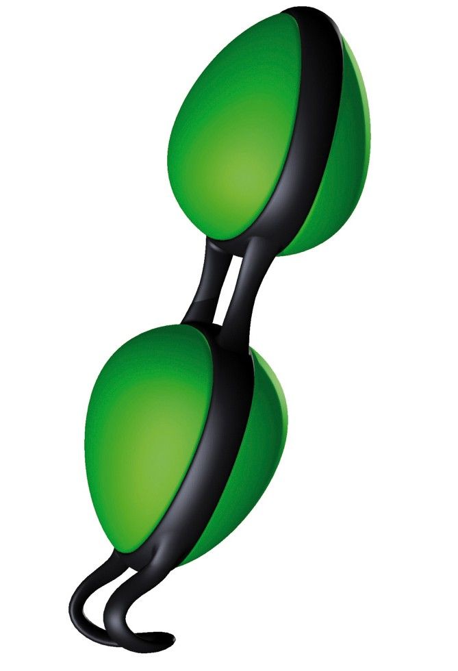 Zwei grüne, ovale Kugeln mit schwarzem Band verbunden. Schwarzer Griff. Auf weißem Hintergrund.