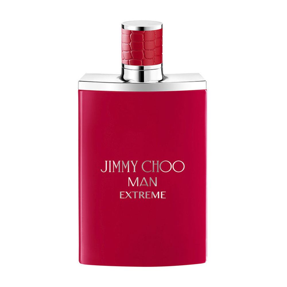 Rotes Parfümflakon. Aufschrift: JIMMY CHOO MAN EXTREME. Silberner Verschluss.