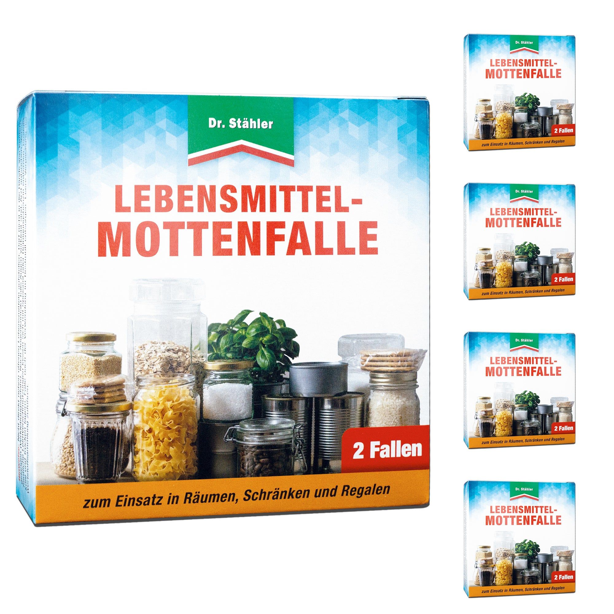 Lebensmittel-Mottenfalle-Verpackung, blau-weiß, mit Produktabbildung und Text. Enthält 2 Fallen. Mehrere Packungen gestapelt.