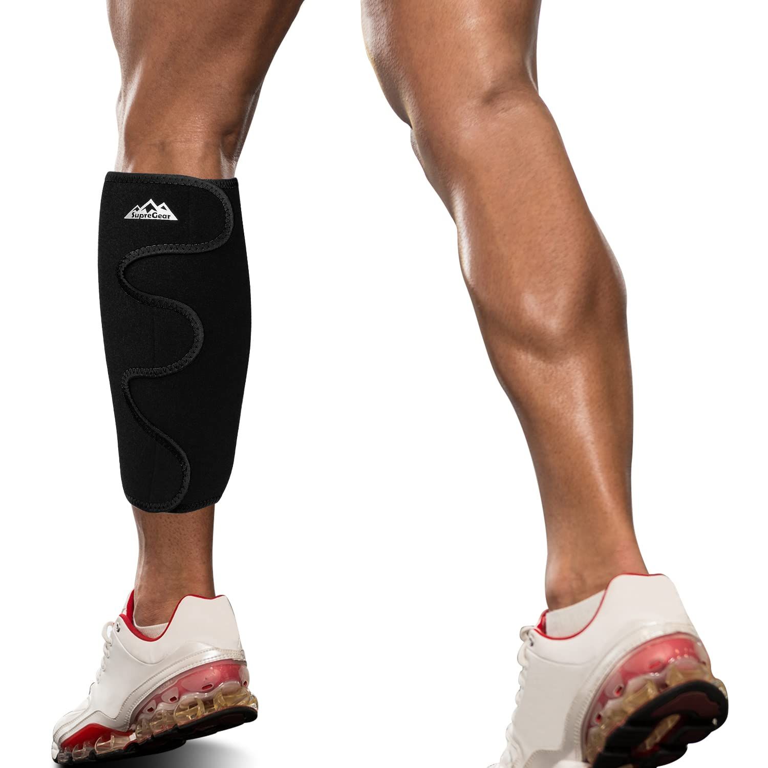 Schwarze Wadenbandage mit gewelltem Klettverschluss und Berglogo.