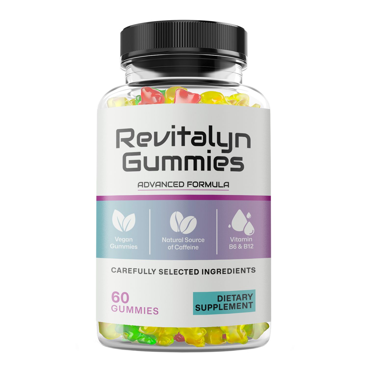 Eine Flasche Revitalyn Gummies, 60 Stück, mit Fruchtgeschmack. Enthält Vitamine B6 & B12.