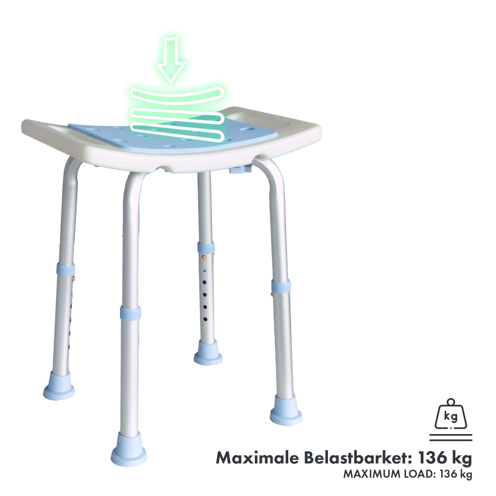 Duschhocker mit blauem Sitz. Maximale Belastbarkeit: 136 kg. Höhenverstellbar. Anti-Rutsch-Gummifüße.