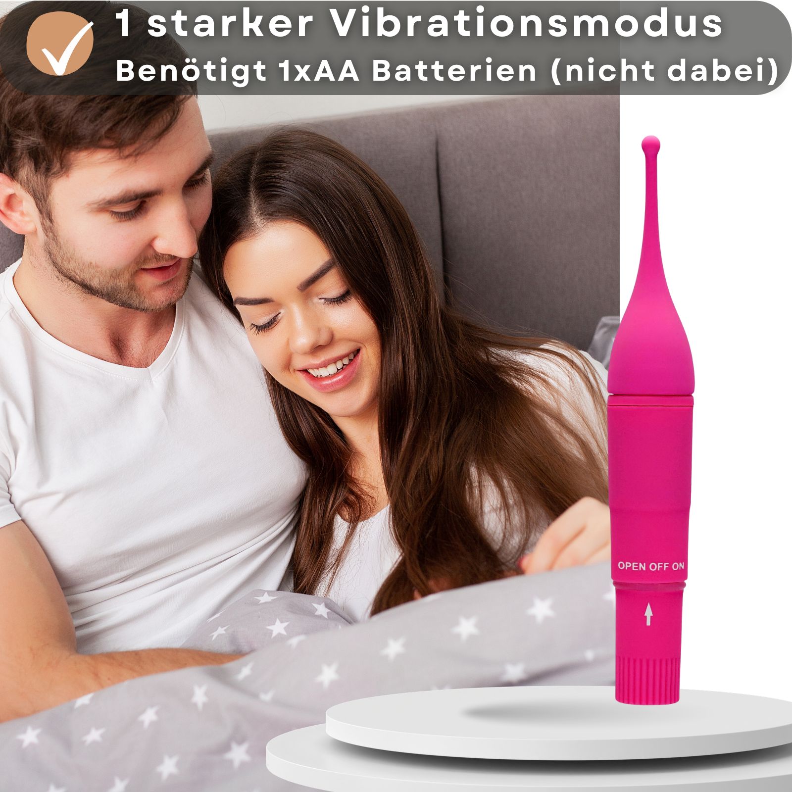 Pinkfarbener Vibrator neben einem Paar. Text: 1 starker Vibrationsmodus, benötigt AA Batterie.