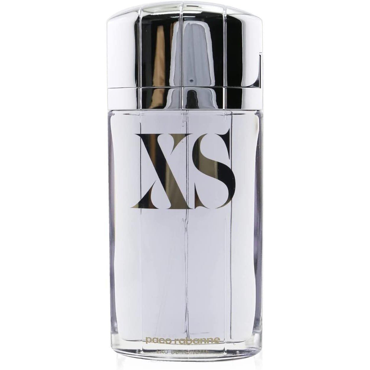 Parfümflakon mit silbernem Deckel. Aufschrift XS und Paco Rabanne. Eau de Toilette.