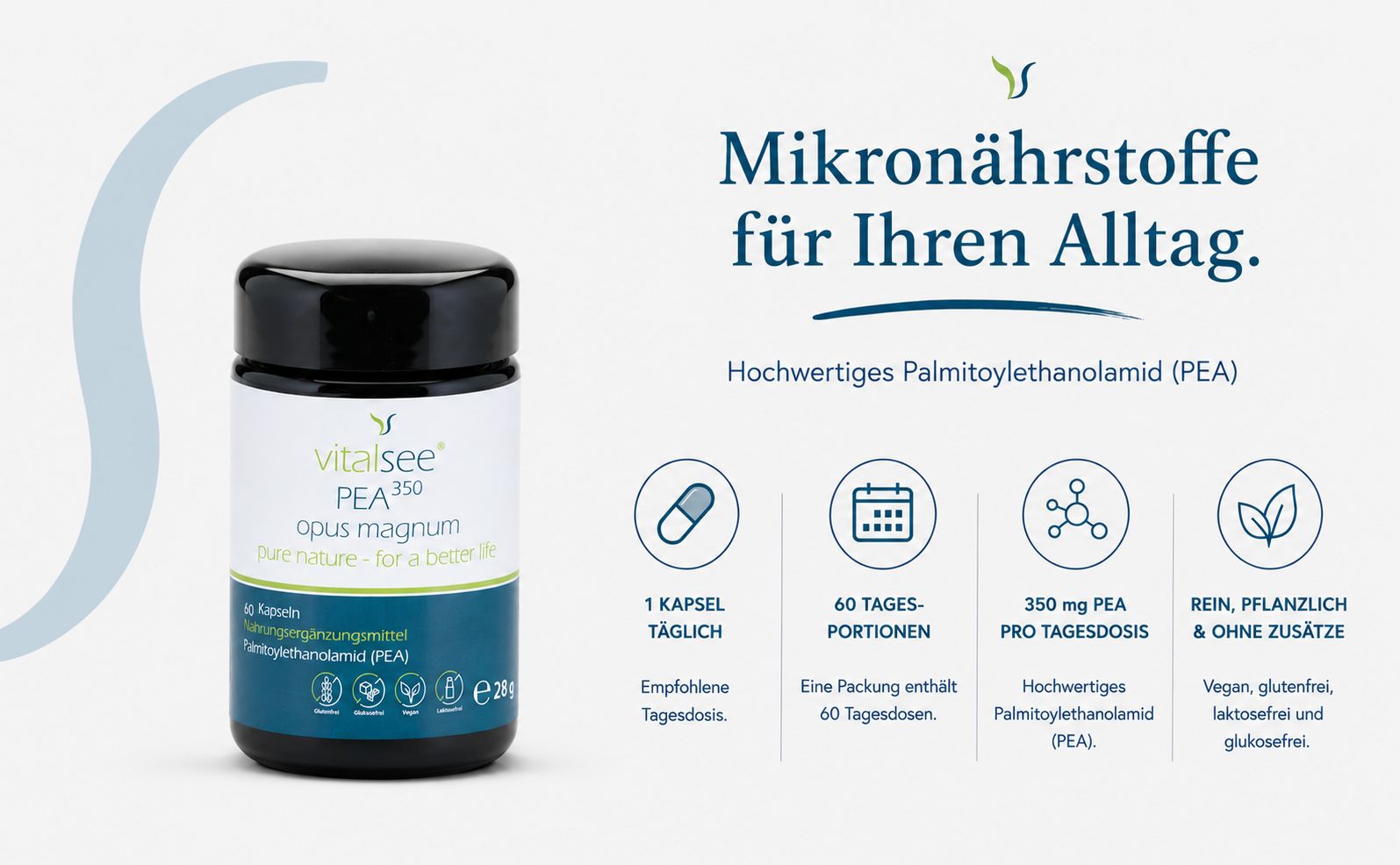 Vitalsee PEA 350 Opus Magnum Kapseldose und Informationen zu Mikronährstoffen für den Alltag.