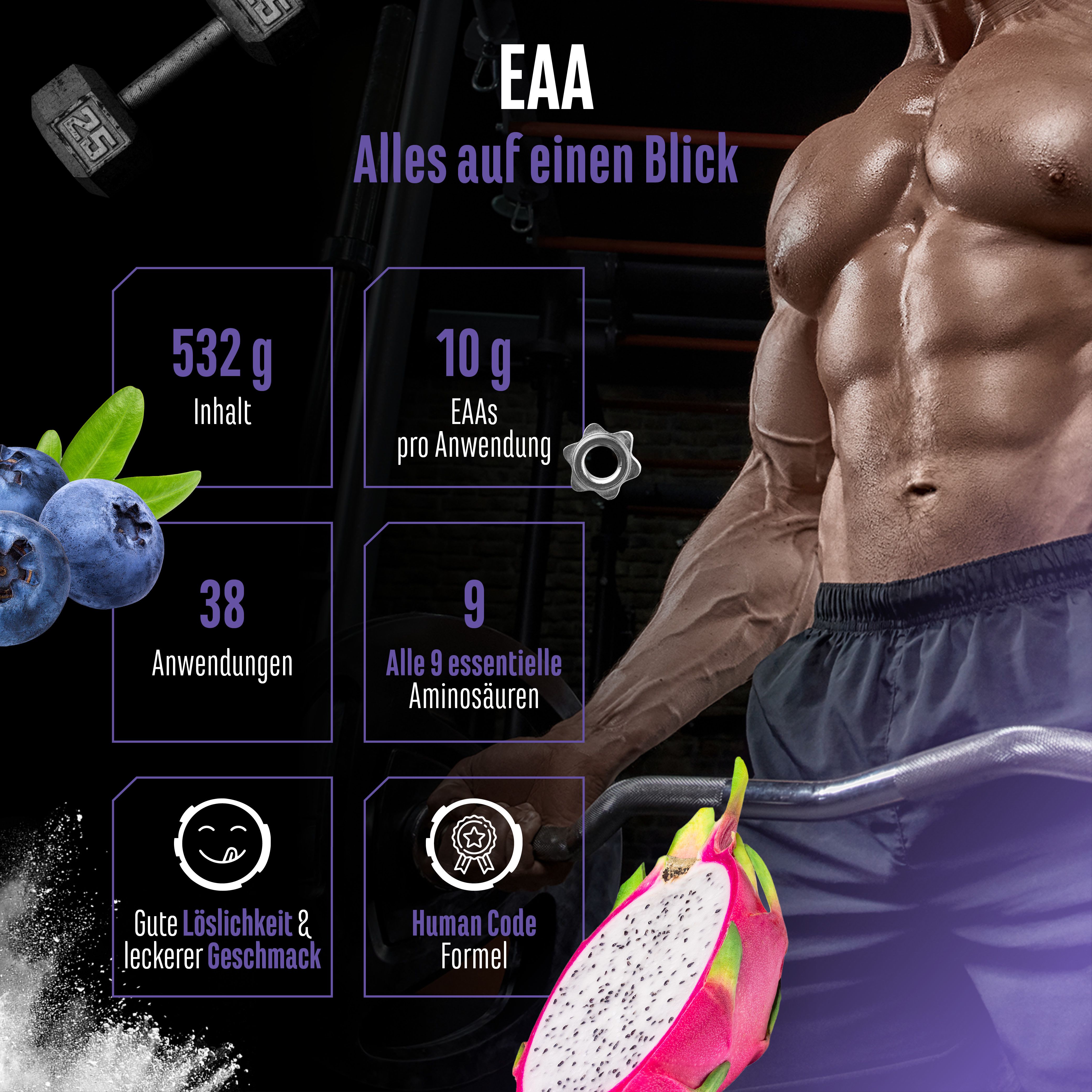 Grafik mit Informationen zu EAA. Enthält 532g Inhalt, 10g EAAs pro Anwendung, 38 Anwendungen, 9 essentielle Aminosäuren, und weitere Details.