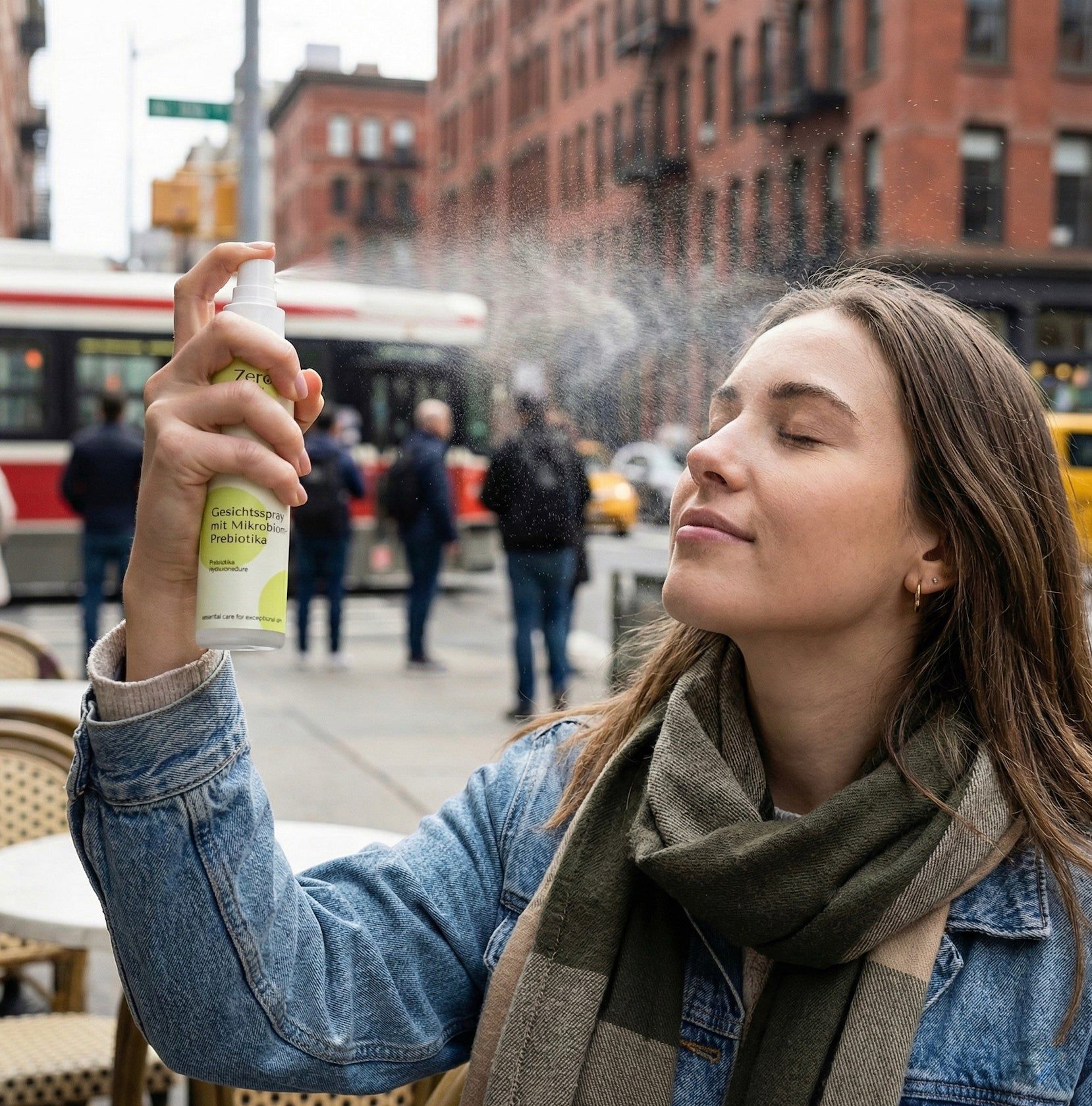 Frau sprüht Gesichtsspray. Sprayflasche mit grünem Etikett. Hintergrund: Stadtstraße mit Menschen und Fahrzeugen.