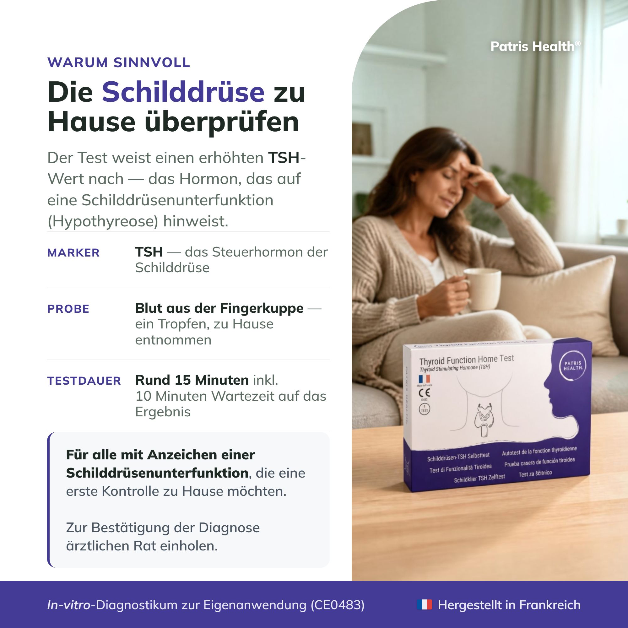 Frau mit Kopfschmerzen, hält eine Tasse, neben einer Packung des Schilddrüsen-TSH-Selbsttests.