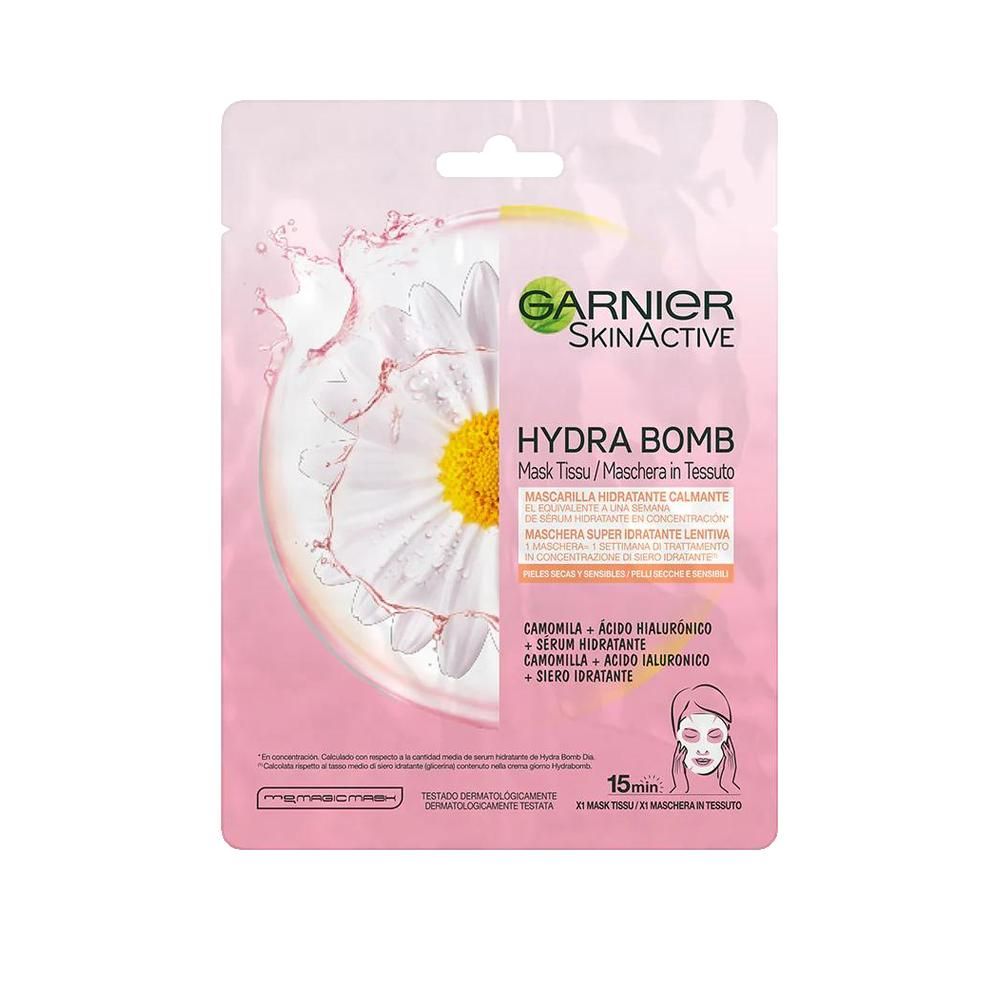 Garnier Skinactive Hydrabomb Gesichtsmaske. Rosa Verpackung mit Kamillenblüten-Illustration und Produktinformationen.