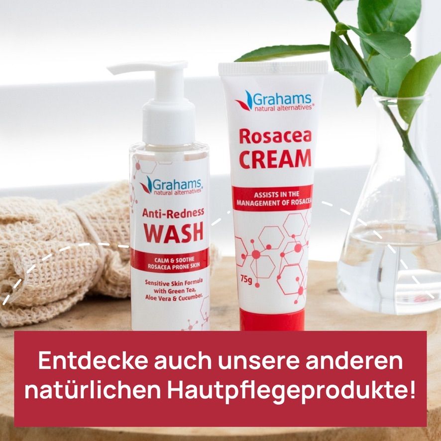 Zwei Produkte: Anti-Rötungs-Waschgel und Rosacea Cream. Text: Entdecke unsere anderen Hautpflegeprodukte.